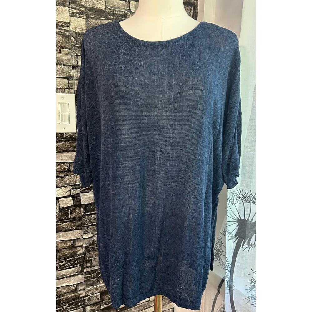 PureJill Top Med Blue Denim Fade Linen Blend Oversized Boho Whimsical Goth Chic